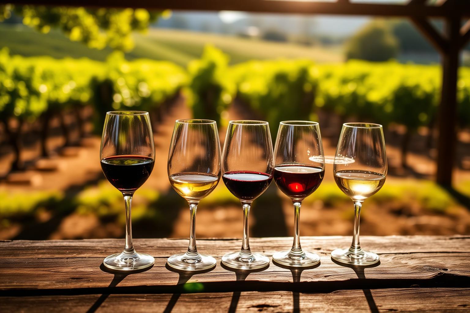 A flight of wine varietals on a tasting table at a dog-friendly Napa Valley winery