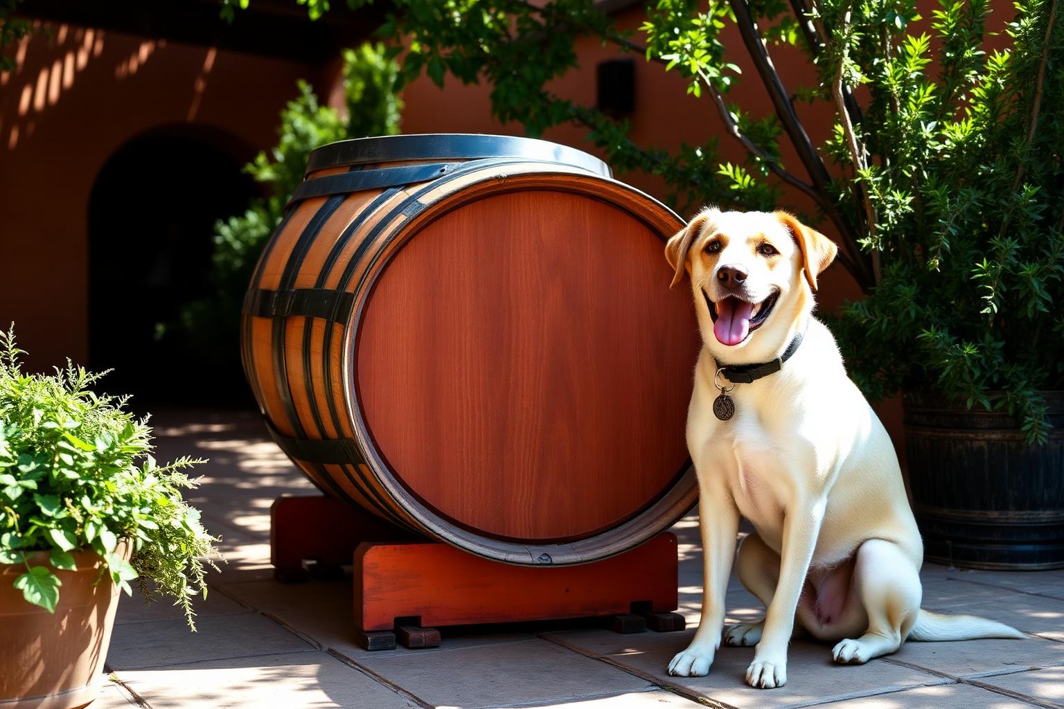 A content dog resting beside a wine barrel at a dog-friendly winery courtyard in Napa Valley